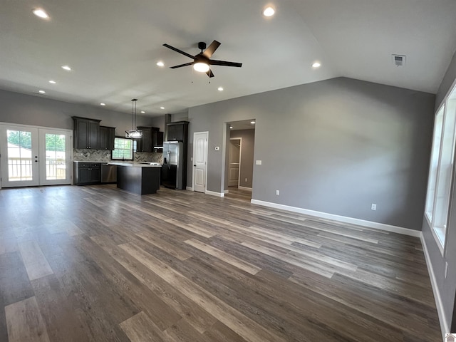 1360 Eagle Ln, Mayfield, KY 42066 - unfurnished living room featuring baseboards, a ceiling fan, dark wood-style floors, and french doors
