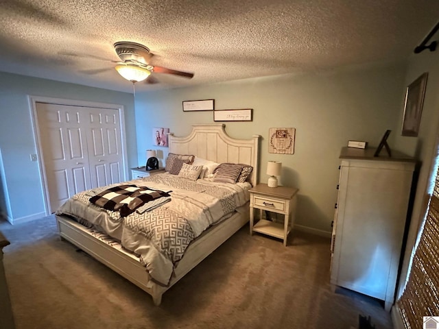 bedroom with a closet, baseboards, ceiling fan, and carpet floors