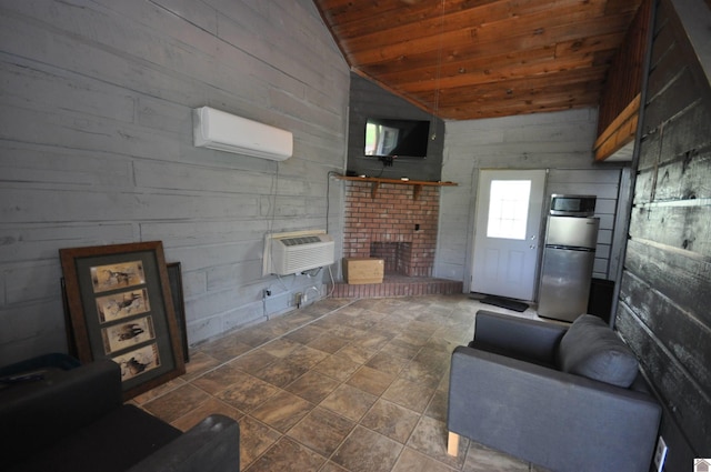 198 Mandor Rd, Hardin, KY 42048 - living room featuring vaulted ceiling, wood walls, wood ceiling, and an AC wall unit
