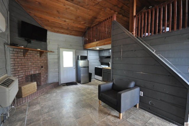 198 Mandor Rd, Hardin, KY 42048 - interior space with vaulted ceiling, freestanding refrigerator, wood ceiling, and electric stove
