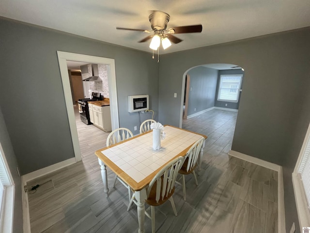 429 S 2nd St, Mayfield, KY 42066 - dining area with arched walkways, a ceiling fan, baseboards, and wood finished floors