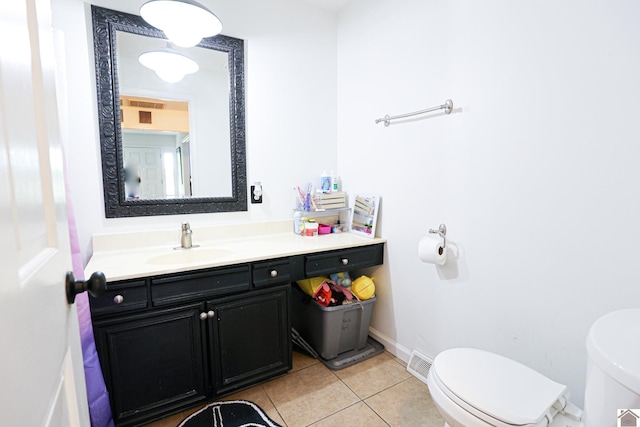 bathroom with tile patterned floors, toilet, visible vents, and vanity