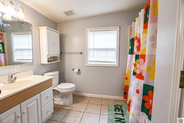 full bath with toilet, vanity, visible vents, tile patterned flooring, and baseboards
