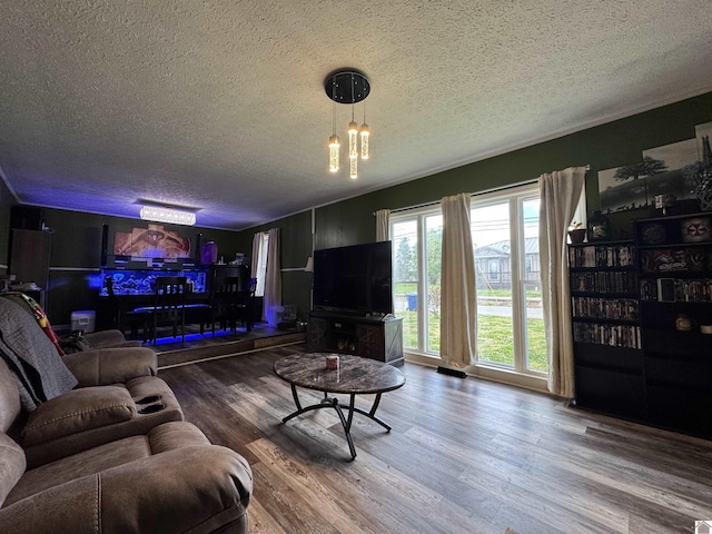 living area with a textured ceiling and wood finished floors