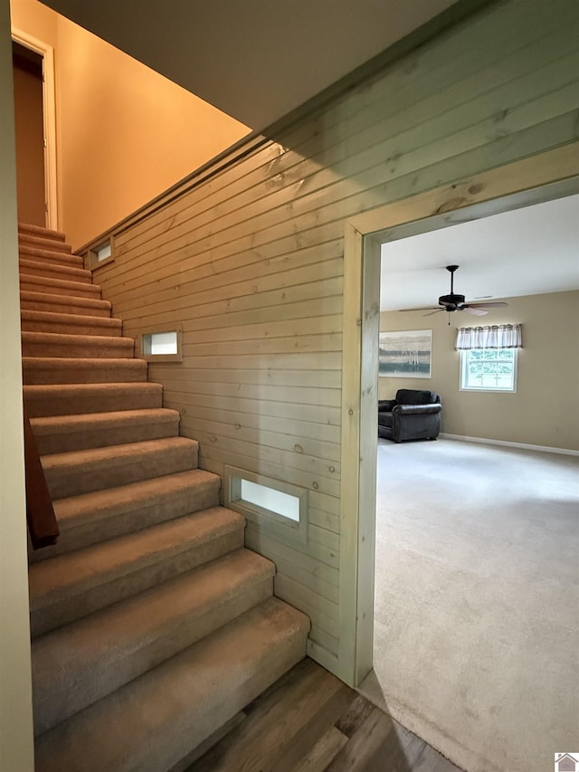 1040 Lone Valley Rd, Calvert City, KY 42029 - stairway featuring wood walls, ceiling fan, and wood finished floors