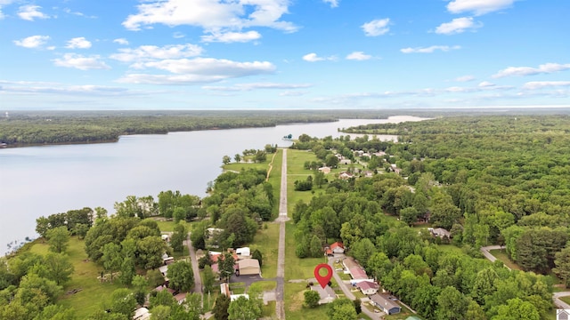 view of property location with a heavily wooded area and a large body of water