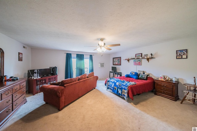 2782 Foust Sledd Rd, Benton, KY 42025 - carpeted bedroom featuring a ceiling fan, a textured ceiling, and a wall unit AC