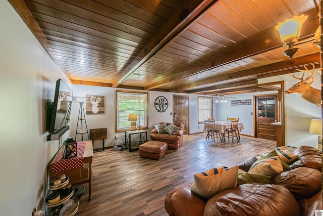 2782 Foust Sledd Rd, Benton, KY 42025 - living room with healthy amount of natural light, wooden ceiling, wood finished floors, beamed ceiling, and ceiling fan