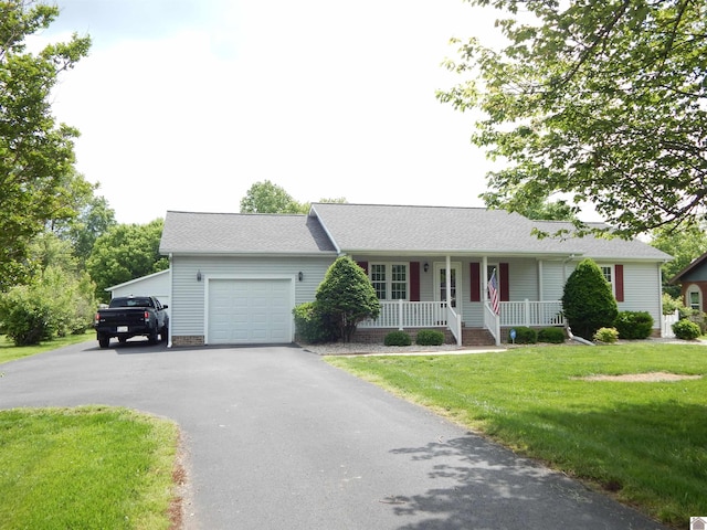 222 Ash St, Benton, KY 42025 - ranch-style home with covered porch, an attached garage, asphalt driveway, a front yard, and roof with shingles