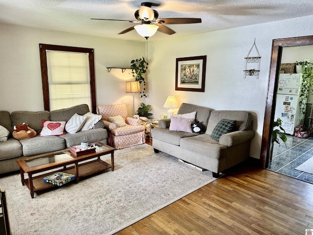 203 N 17th, Murray, KY 42071 - living room with a ceiling fan, wood finished floors, and a textured ceiling