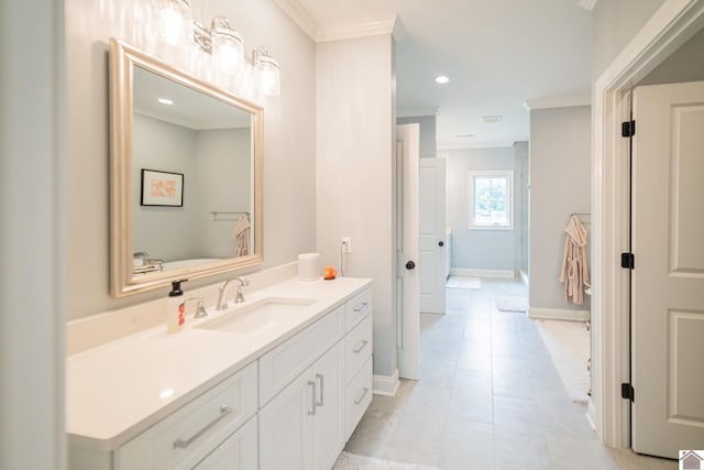 112 Shadow Pine Ln, Paducah, KY 42001 - bathroom featuring crown molding, vanity, baseboards, tile patterned flooring, and recessed lighting