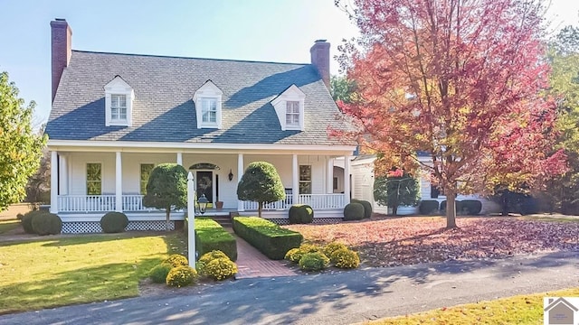 cape cod house featuring a chimney, covered porch, a front lawn, and a high end roof