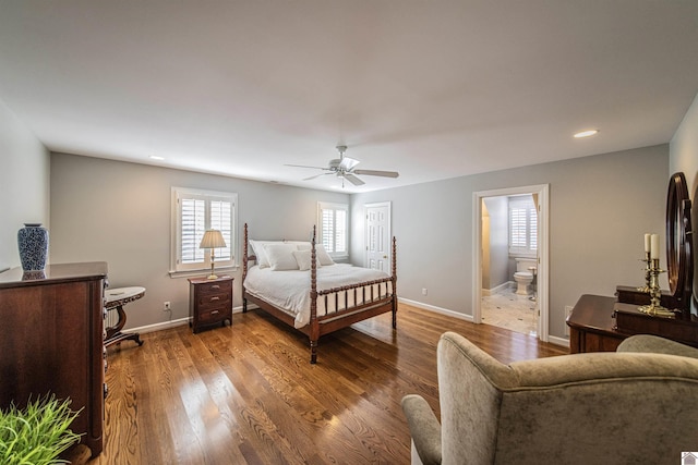 bedroom with wood finished floors, baseboards, recessed lighting, connected bathroom, and a ceiling fan
