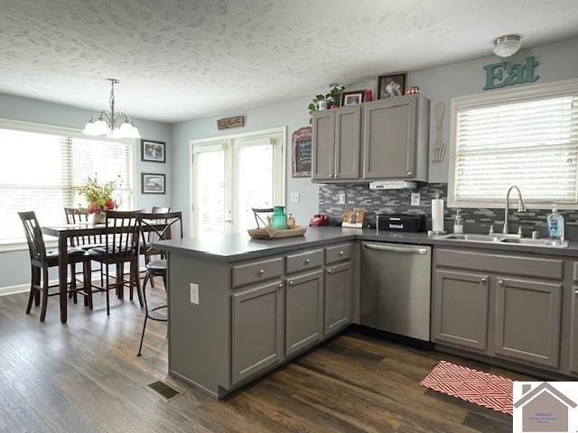 695 Heritage Trce, Cadiz, KY 42211 - kitchen with a sink, gray cabinets, dishwasher, a peninsula, and a chandelier