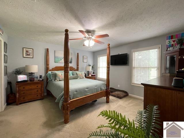 695 Heritage Trce, Cadiz, KY 42211 - bedroom featuring light carpet, baseboards, a textured ceiling, and ceiling fan