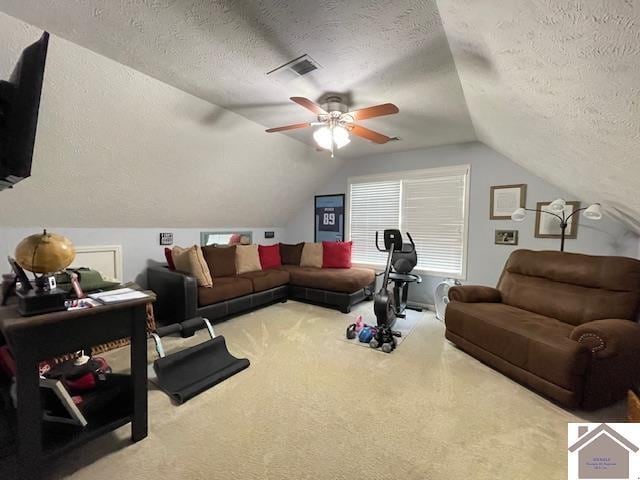 695 Heritage Trce, Cadiz, KY 42211 - living room featuring a textured ceiling, carpet, a ceiling fan, and lofted ceiling