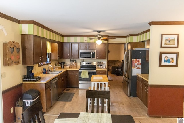 kitchen featuring stainless steel appliances, a sink, a ceiling fan, dark brown cabinetry, and crown molding