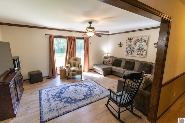 living area featuring a ceiling fan, light wood finished floors, and crown molding