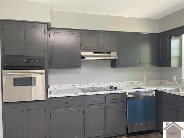 197 Briarfield Ln, Cadiz, KY 42211 - kitchen featuring stainless steel dishwasher, oven, under cabinet range hood, gray cabinetry, and black electric cooktop