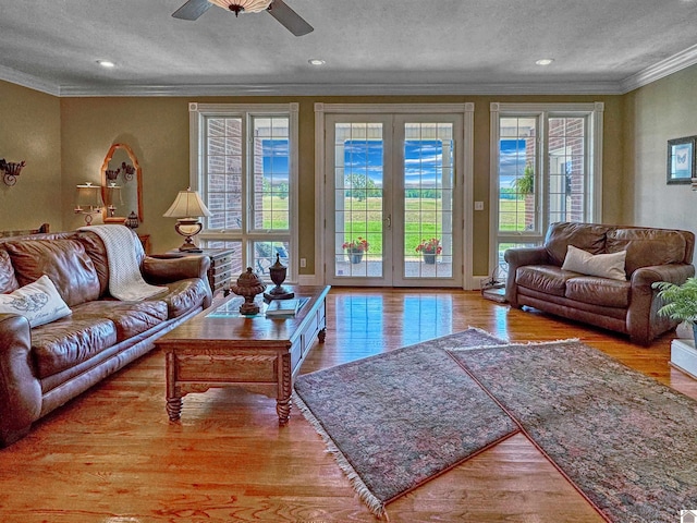 730 Rob Mason Rd, Murray, KY 42071 - living room featuring ornamental molding, wood finished floors, a textured ceiling, ceiling fan, and recessed lighting