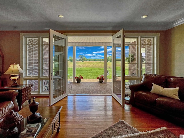 730 Rob Mason Rd, Murray, KY 42071 - entryway with crown molding, a textured ceiling, french doors, and wood finished floors