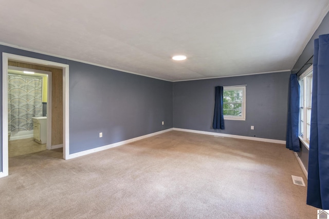 carpeted spare room featuring baseboards and crown molding