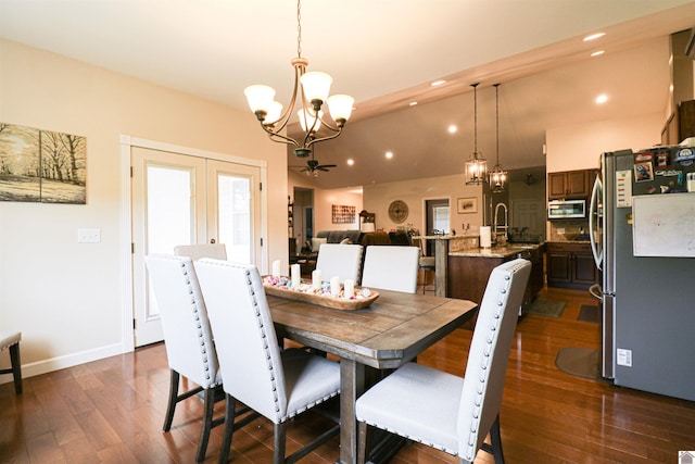 1300 Rocky Rd, Fancy Farm, KY 42039 - dining room with a chandelier, dark wood-type flooring, french doors, recessed lighting, and baseboards