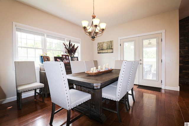 1300 Rocky Rd, Fancy Farm, KY 42039 - dining space with a chandelier, dark wood-type flooring, french doors, and healthy amount of natural light