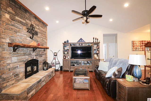 1300 Rocky Rd, Fancy Farm, KY 42039 - living area featuring a ceiling fan, wood finished floors, lofted ceiling, a stone fireplace, and recessed lighting