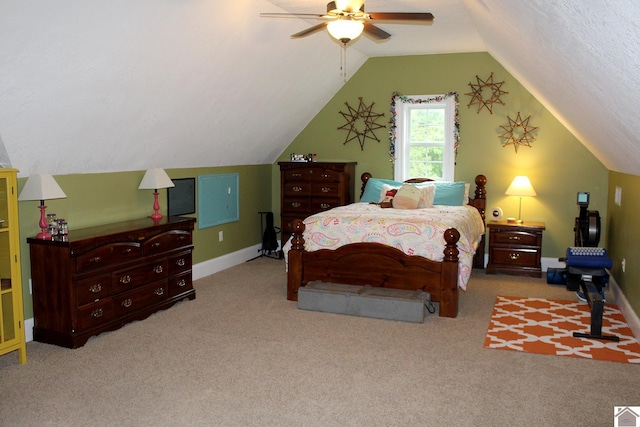 494 Beat Farmer Rd, New Concord, KY 42076 - bedroom featuring carpet flooring, vaulted ceiling, ceiling fan, and baseboards