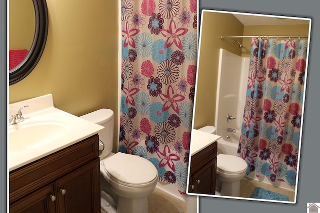 494 Beat Farmer Rd, New Concord, KY 42076 - bathroom with toilet, vanity, tile patterned floors, and shower / bath combo with shower curtain
