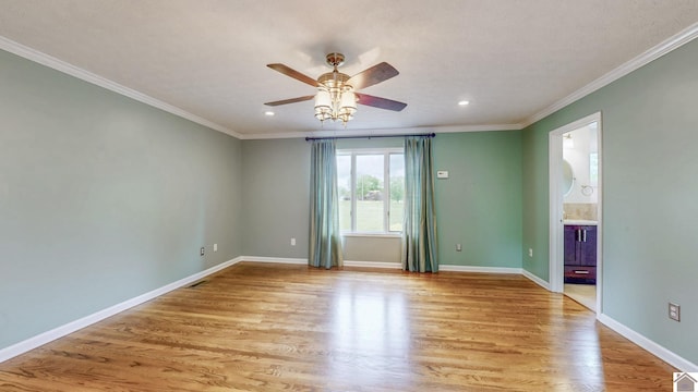 empty room with a ceiling fan, light wood-style floors, crown molding, baseboards, and recessed lighting