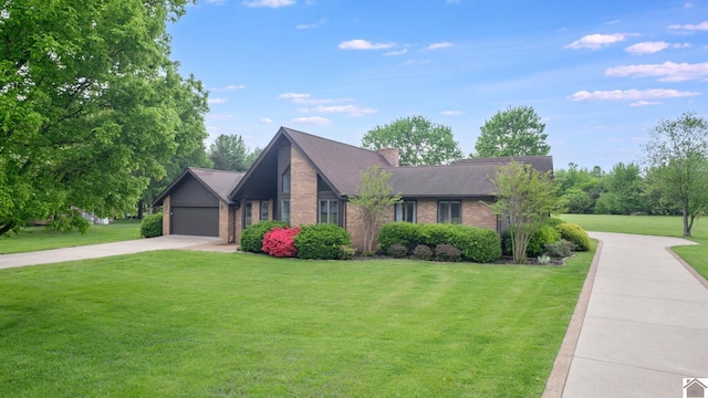 view of front facade featuring brick siding, a front lawn, concrete driveway, roof with shingles, and an attached garage