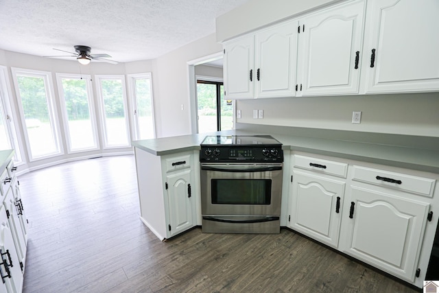 1809 Old Calvert City Rd, Calvert City, KY 42029 - kitchen with stainless steel electric range, ceiling fan, dark wood-type flooring, a peninsula, and white cabinetry