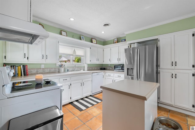 521 Whitnell Ave, Murray, KY 42071 - kitchen with stainless steel appliances, under cabinet range hood, ornamental molding, a sink, and light countertops
