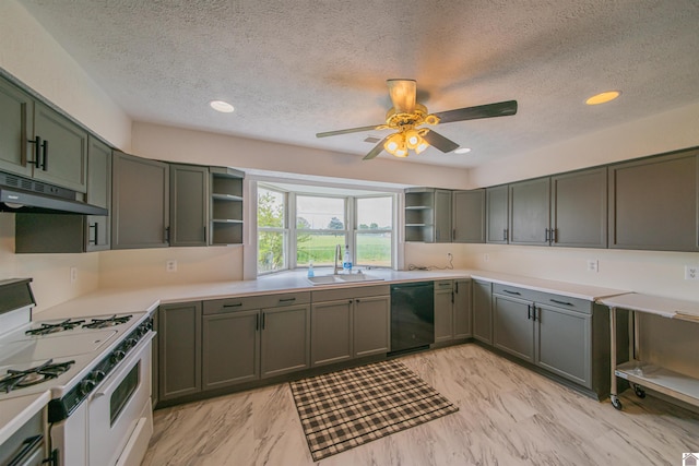kitchen with open shelves, black dishwasher, white gas range oven, a sink, and a textured ceiling