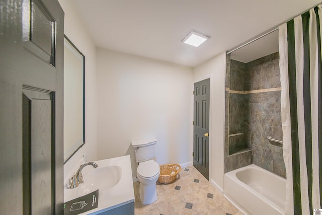 bathroom with toilet, shower / bath combo, vanity, tile patterned flooring, and baseboards