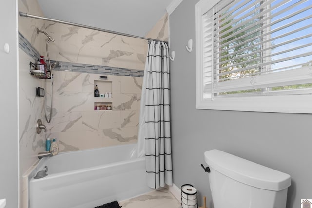 890 Ridge Rd, Gilbertsville, KY 42044 - bathroom with marble finish flooring, shower / tub combo with curtain, and toilet