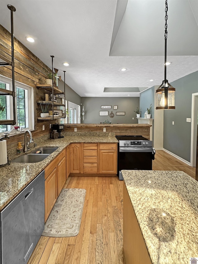 478 Lovers Ln, Benton, KY 42025 - kitchen with stainless steel appliances, a sink, light wood-type flooring, light stone countertops, and recessed lighting