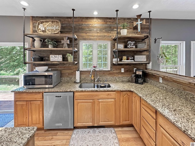 478 Lovers Ln, Benton, KY 42025 - kitchen with open shelves, appliances with stainless steel finishes, a sink, light stone counters, and recessed lighting