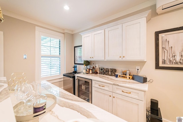 113 Captain Ln, Gilbertsville, KY 42044 - kitchen with an AC wall unit, wine cooler, white cabinets, light stone counters, and recessed lighting