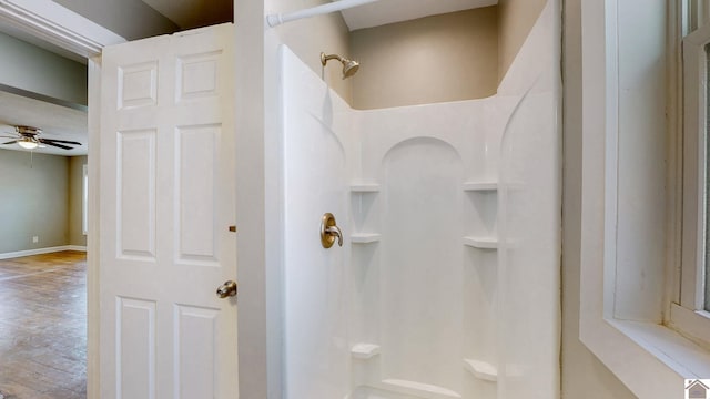 509 S 6th St, Murray, KY 42071 - full bathroom with a shower, ceiling fan, baseboards, and wood finished floors
