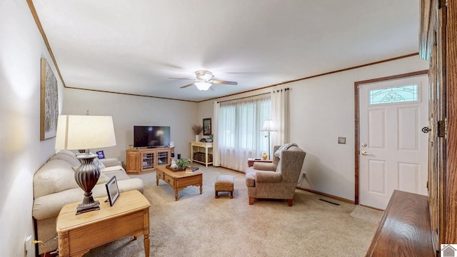 111 Honeysuckle Ln, Murray, KY 42071 - living room featuring a ceiling fan, carpet flooring, ornamental molding, and baseboards