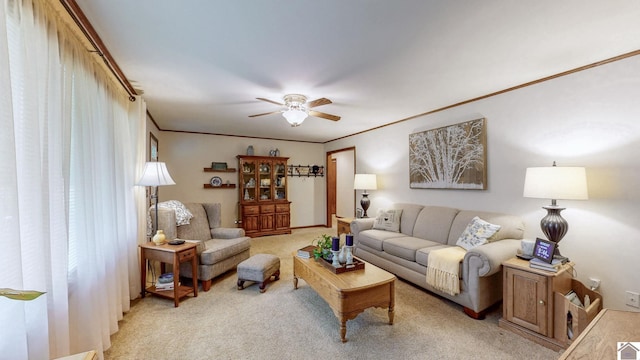 111 Honeysuckle Ln, Murray, KY 42071 - living area featuring light carpet, a ceiling fan, and crown molding