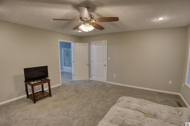 5904 Moors Camp Hwy, Gilbertsville, KY 42044 - living area featuring a textured ceiling, ceiling fan, carpet floors, baseboards, and recessed lighting
