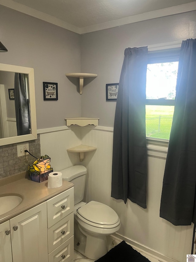 1903 State Route 564, Mayfield, KY 42066 - bathroom featuring toilet, vanity, tasteful backsplash, and wainscoting
