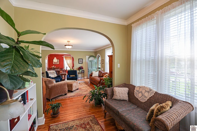 1931 Jefferson St, Paducah, KY 42001 - living area with arched walkways, healthy amount of natural light, wood finished floors, and crown molding