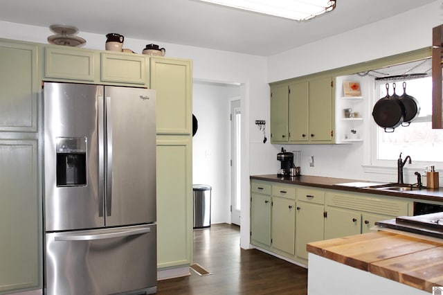 7262 State Route 94 E, Murray, KY 42071 - kitchen featuring stainless steel fridge, green cabinets, a sink, and open shelves