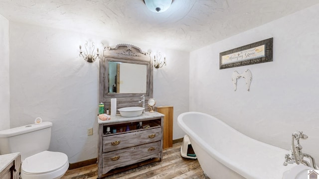 711 Rocky Rd, Fancy Farm, KY 42039 - full bath with wood finished floors, vanity, a freestanding bath, toilet, and baseboards