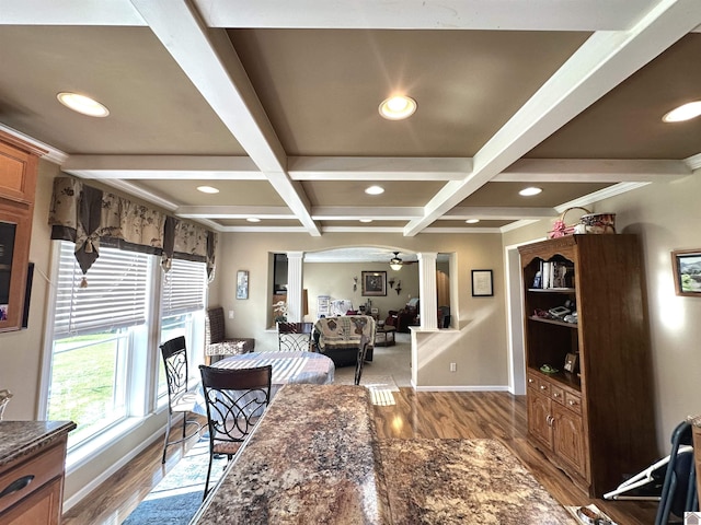 5109 S Rd, Cadiz, KY 42211 - dining space featuring light wood-style flooring, coffered ceiling, recessed lighting, beamed ceiling, and baseboards